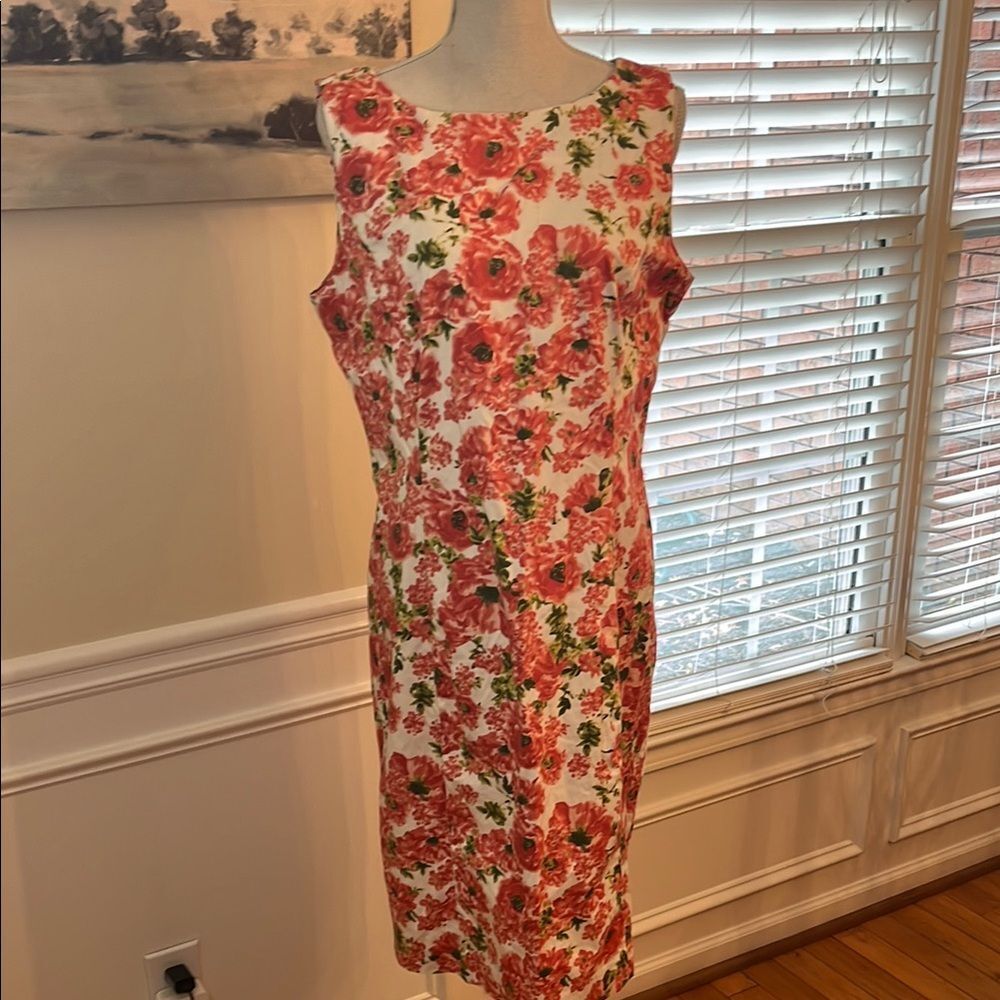 Talbots White and Coral Floral Sleeveless Midi Dress